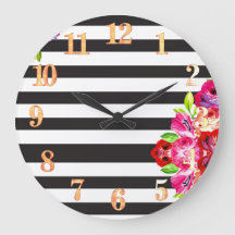 Roze Floral Black en White Striped Wall Clock