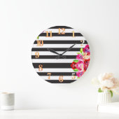 Roze Floral Black en White Striped Wall Clock Grote Klok (Huis)