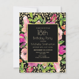 Roze Floral Black Gold Glitter 18th Birthday Kaart