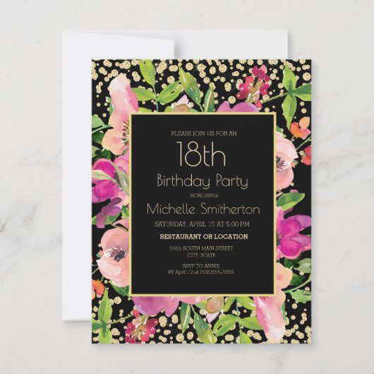 Roze Floral Black Gold Glitter 18th Birthday Kaart (Voorkant)