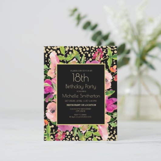 Roze Floral Black Gold Glitter 18th Birthday Kaart (Staand voorkant)