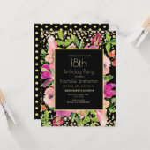 Roze Floral Black Gold Glitter 18th Birthday Kaart (Voorkant / Achterkant in situ)