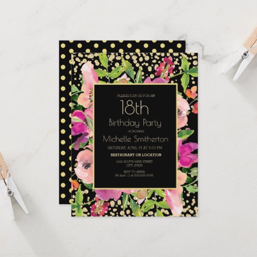 Roze Floral Black Gold Glitter 18th Birthday Kaart (Voorkant / Achterkant in situ)