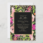 Roze Floral Black Gold Glitter 40th Birthday Kaart (Voorkant)