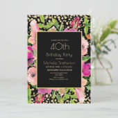 Roze Floral Black Gold Glitter 40th Birthday Kaart (Staand voorkant)