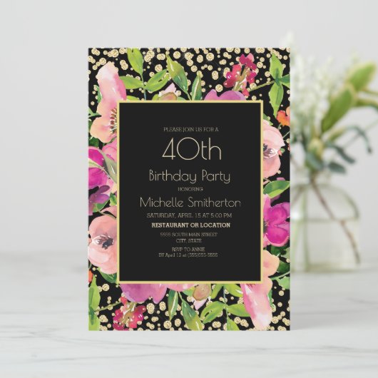 Roze Floral Black Gold Glitter 40th Birthday Kaart (Staand voorkant)