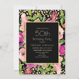 Roze Floral Black Gold Glitter 50th Birthday Kaart