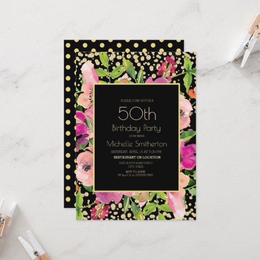 Roze Floral Black Gold Glitter 50th Birthday Kaart (Voorkant / Achterkant in situ)