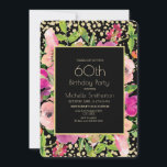 Roze Floral Black Gold Glitter 60th Birthday Kaart<br><div class="desc">Roze waterverf bloemen en groene bladeren op een zwarte en glitterige gouden 60ste verjaardag voor vrouwen met moderne tekstlettertypen. De achterkant van deze kaart heeft gouden polka stippen op een zwarte achtergrond. Neem contact met ons op voor hulp bij aanpassingen of om passende producten aan te vragen.</div>