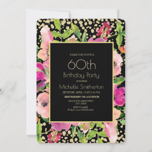 Roze Floral Black Gold Glitter 60th Birthday Kaart