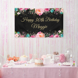 Roze Floral Black Gold Happy Birthday Banner