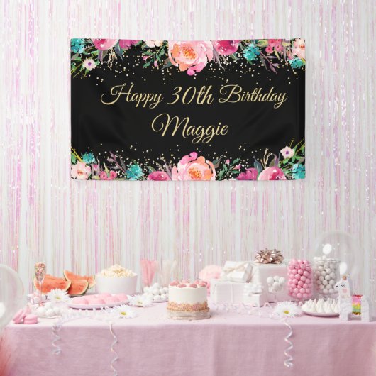 Roze Floral Black Gold Happy Birthday Banner (Feest)