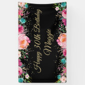 Roze Floral Black Gold Happy Birthday Banner (Verticaal)