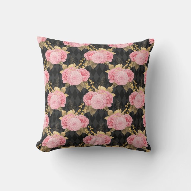 Roze  Floral Black Harlequin Pattern Buitenkussen (Voorkant)