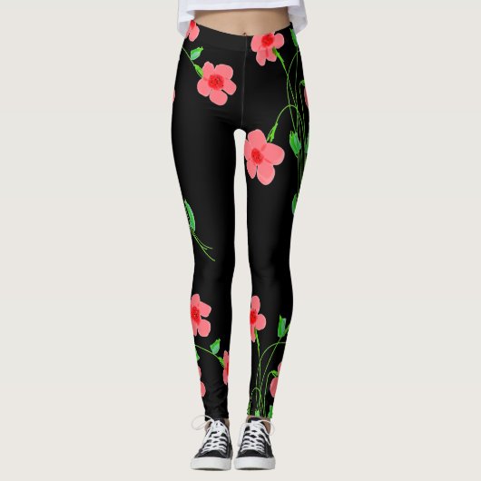 Roze Floral Black Leggings (Voorkant)