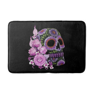 Roze Floral Black Sugar Skull Day of the Dead Badmat