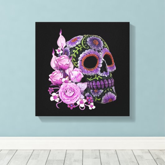 Roze Floral Black Sugar Skull Day of the Dead Canvas Afdruk (Insitu (Houten vloer))