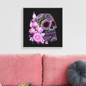 Roze Floral Black Sugar Skull Day of the Dead Canvas Afdruk (Insitu (Woonkamer))