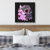 Roze Floral Black Sugar Skull Day of the Dead Canvas Afdruk (Insitu (Slaapkamer))