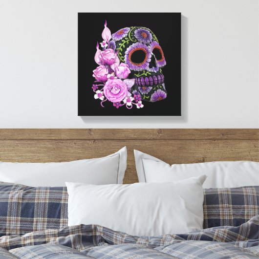 Roze Floral Black Sugar Skull Day of the Dead Canvas Afdruk (Insitu (Slaapkamer))