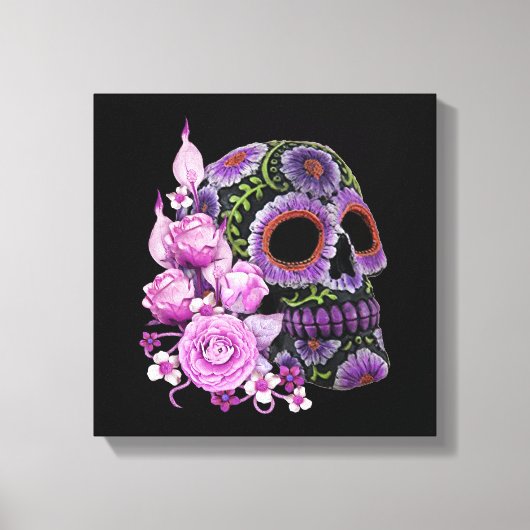 Roze Floral Black Sugar Skull Day of the Dead Canvas Afdruk (Voorkant)