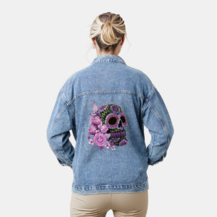 Roze Floral Black Sugar Skull Day of the Dead Denim Jacket