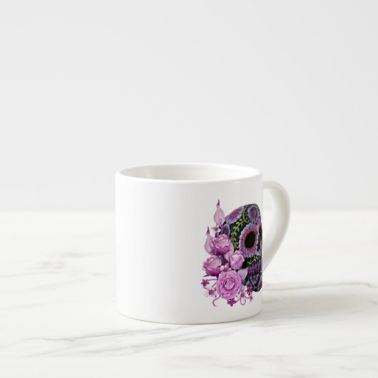 Roze Floral Black Sugar Skull Day of the Dead Espresso Kop (Voorkant rechts)