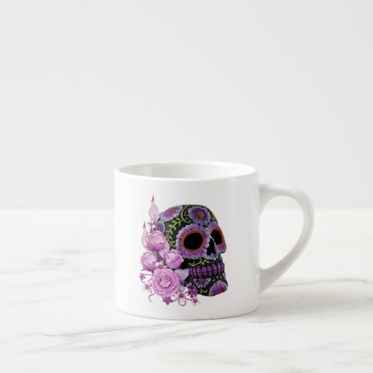 Roze Floral Black Sugar Skull Day of the Dead Espresso Kop (Rechts)