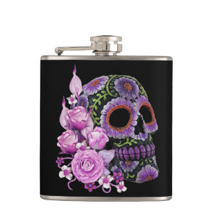 Roze Floral Black Sugar Skull Day of the Dead Heupfles
