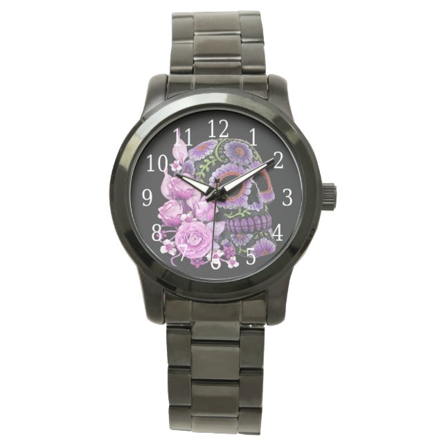 Roze Floral Black Sugar Skull Day of the Dead Horloge (Voorkant)