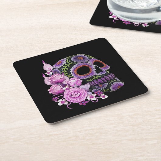 Roze Floral Black Sugar Skull Day of the Dead Kartonnen Onderzetters (Schuin)