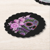 Roze Floral Black Sugar Skull Day of the Dead Kartonnen Onderzetters (Gekanteld)