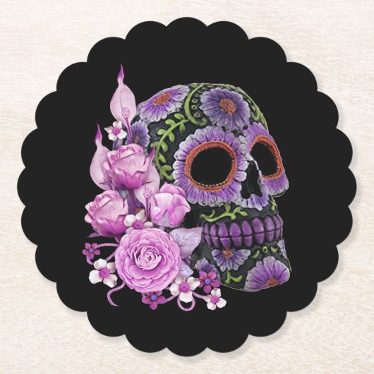 Roze Floral Black Sugar Skull Day of the Dead Kartonnen Onderzetters (Voorkant)