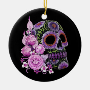 Roze Floral Black Sugar Skull Day of the Dead Keramisch Ornament
