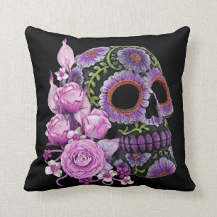 Roze Floral Black Sugar Skull Day of the Dead Kussen