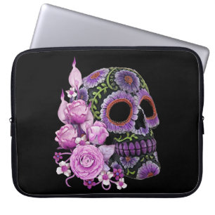 Roze Floral Black Sugar Skull Day of the Dead Laptop Sleeve