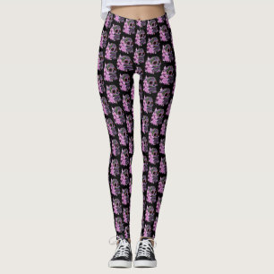 Roze Floral Black Sugar Skull Day of the Dead Leggings
