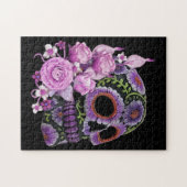 Roze Floral Black Sugar Skull Day of the Dead Legpuzzel (Horizontaal)