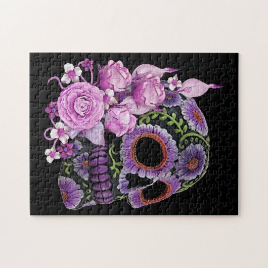 Roze Floral Black Sugar Skull Day of the Dead Legpuzzel (Horizontaal)