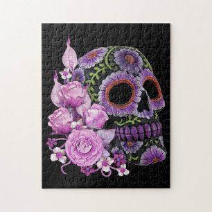 Roze Floral Black Sugar Skull Day of the Dead Legpuzzel