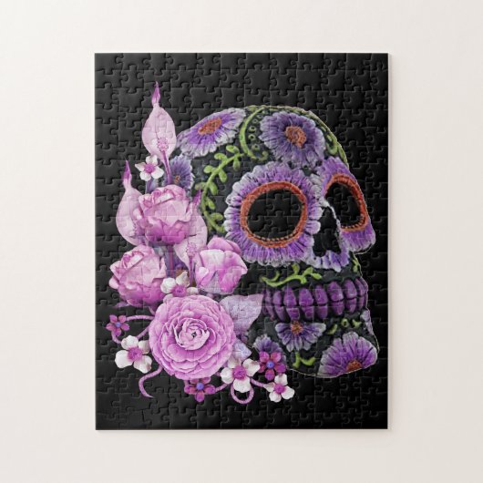 Roze Floral Black Sugar Skull Day of the Dead Legpuzzel (Verticaal)