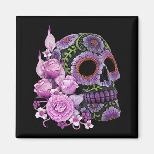 Roze Floral Black Sugar Skull Day of the Dead Magneet