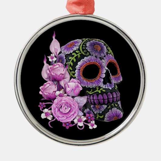 Roze Floral Black Sugar Skull Day of the Dead Metalen Ornament (Voorkant)