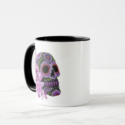 Roze Floral Black Sugar Skull Day of the Dead Mok (Voorkant links)