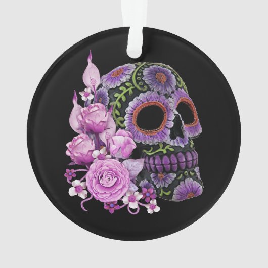 Roze Floral Black Sugar Skull Day of the Dead Ornament (achterkant)