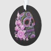 Roze Floral Black Sugar Skull Day of the Dead Ornament (voorkant)