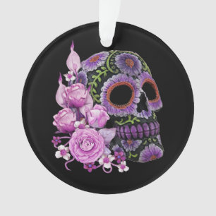 Roze Floral Black Sugar Skull Day of the Dead Ornament