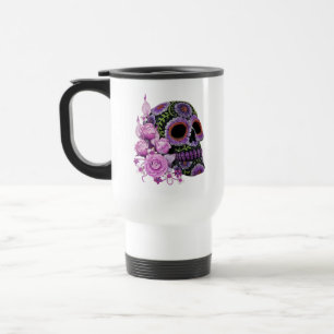 Roze Floral Black Sugar Skull Day of the Dead Reisbeker