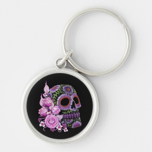 Roze Floral Black Sugar Skull Day of the Dead Sleutelhanger (Voorkant)