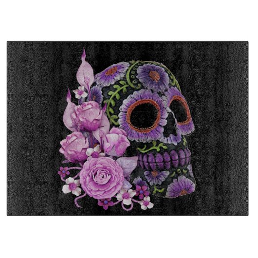 Roze Floral Black Sugar Skull Day of the Dead Snijplank (Voorkant)